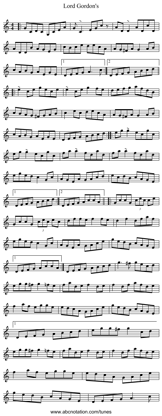 Lord Gordon's - staff notation