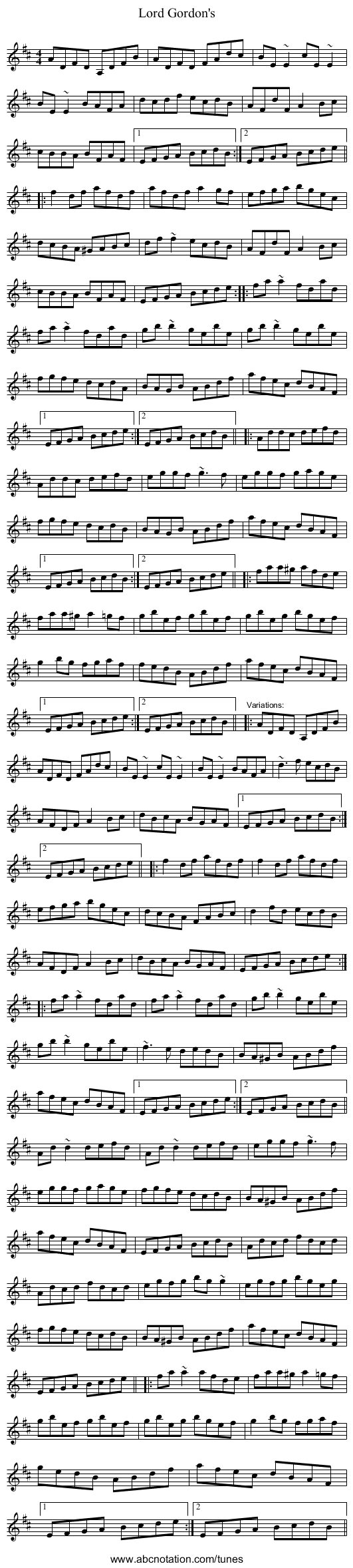 Lord Gordon's - staff notation