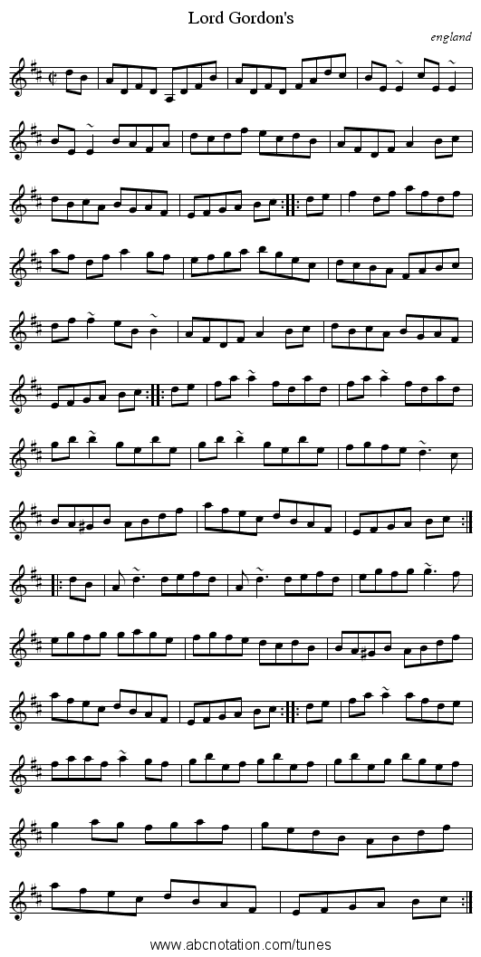 Lord Gordon's - staff notation
