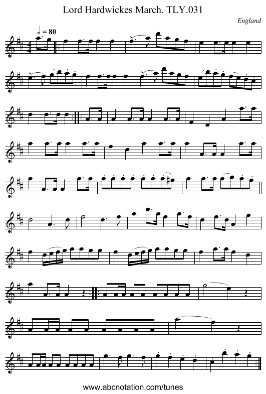 Lord Hardwickes March. TLY.031 - staff notation