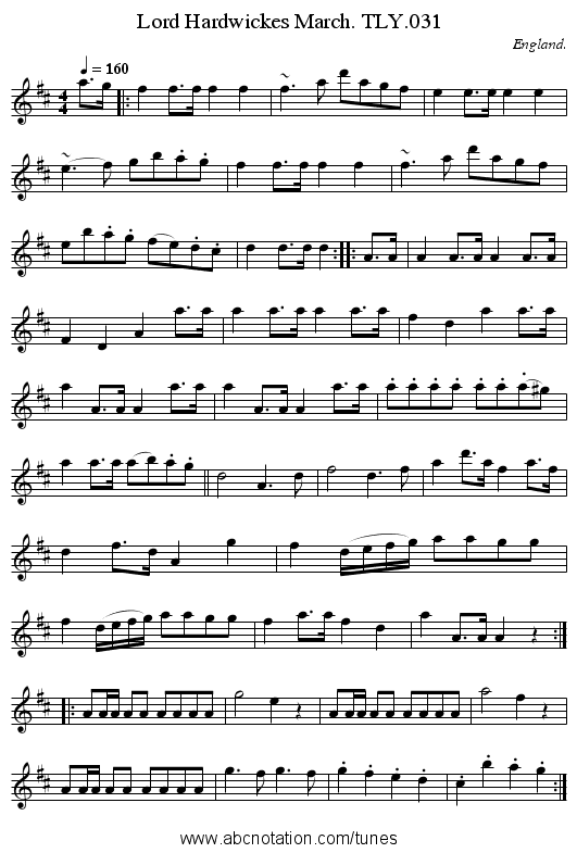 Lord Hardwickes March. TLY.031 - staff notation