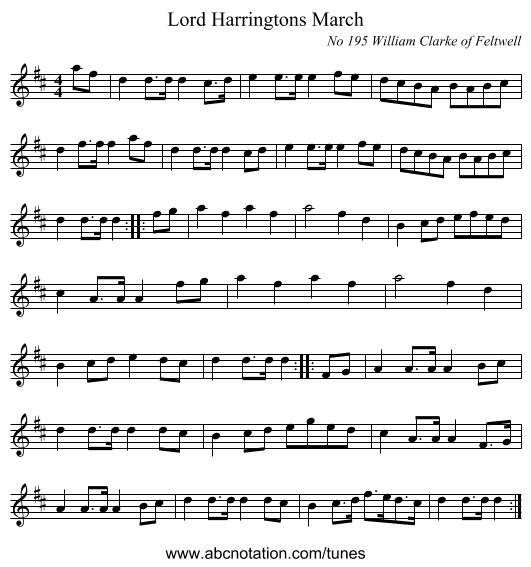 Lord Harringtons March - staff notation