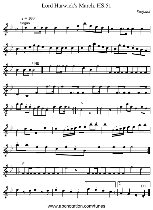 Lord Harwick's March. HS.51 - staff notation