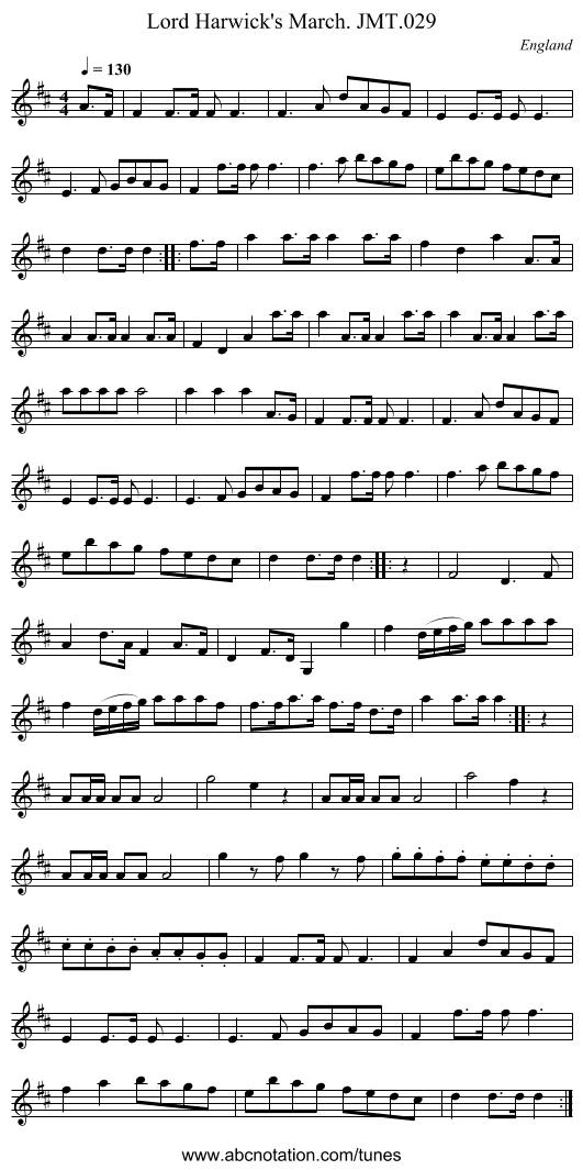 Lord Harwick's March. JMT.029 - staff notation