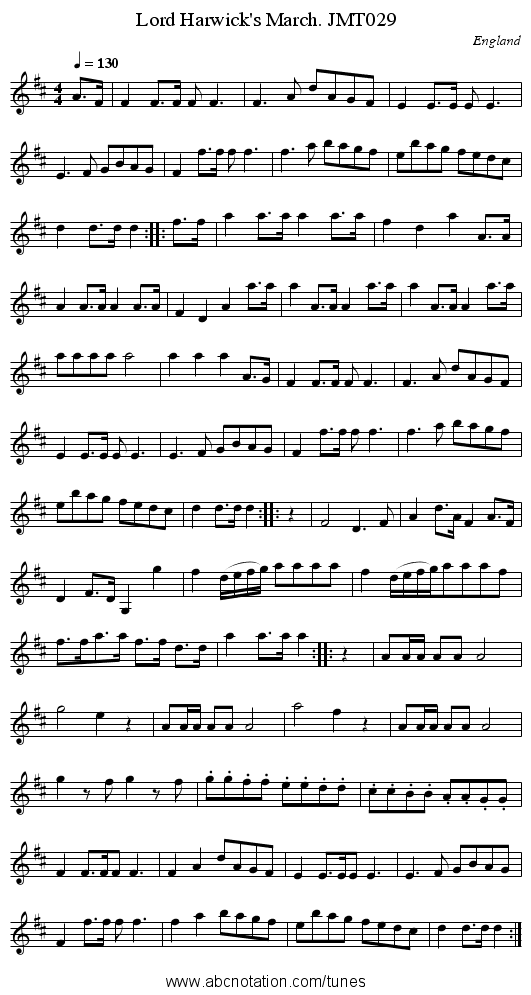 Lord Harwick's March. JMT029 - staff notation