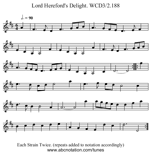Lord Hereford's Delight. WCD3/2.188 - staff notation