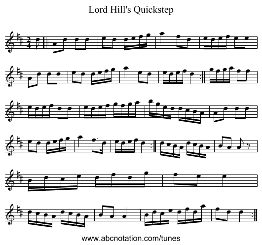Lord Hill's Quickstep - staff notation