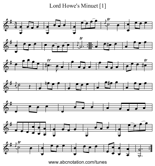 Lord Howe's Minuet [1] - staff notation