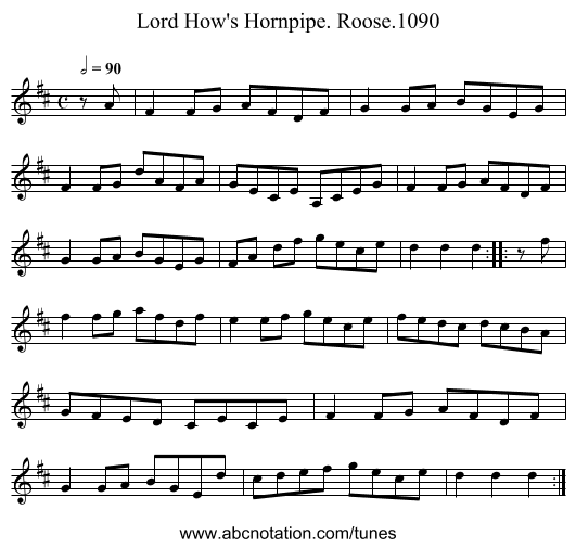 Lord How's Hornpipe. Roose.1090 - staff notation