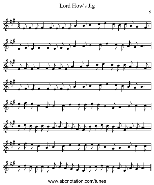 Lord How's Jig - staff notation