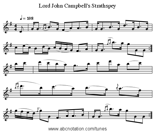 Lord John Campbell's Strathspey - staff notation
