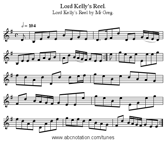 Lord Kelly's Reel. - staff notation
