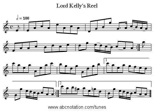 Lord Kelly's Reel - staff notation