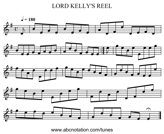LORD KELLY'S REEL - staff notation