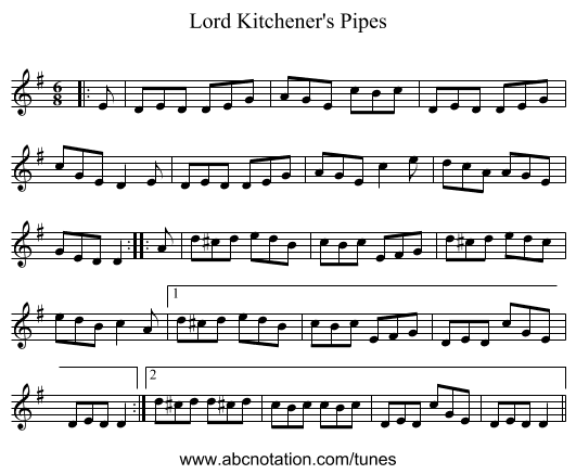 Lord Kitchener's Pipes - staff notation