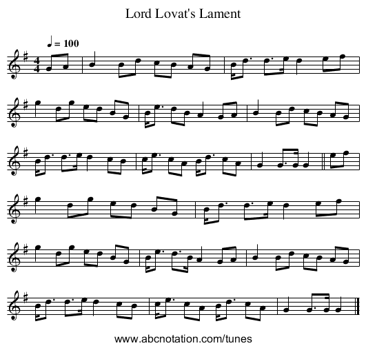 Lord Lovat's Lament - staff notation