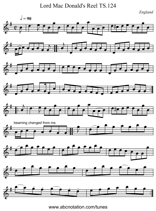 Lord Mac Donald's Reel TS.124 - staff notation