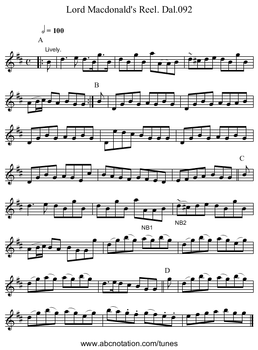 Lord Macdonald's Reel. Dal.092 - staff notation
