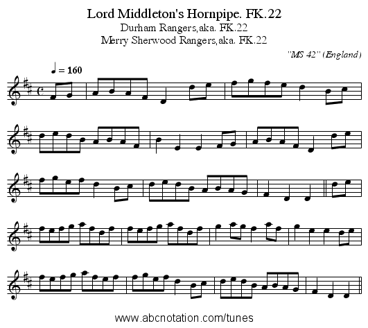 Lord Middleton's Hornpipe. FK.22 - staff notation