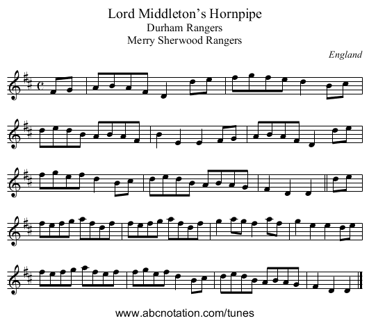 Lord Middleton’s Hornpipe - staff notation
