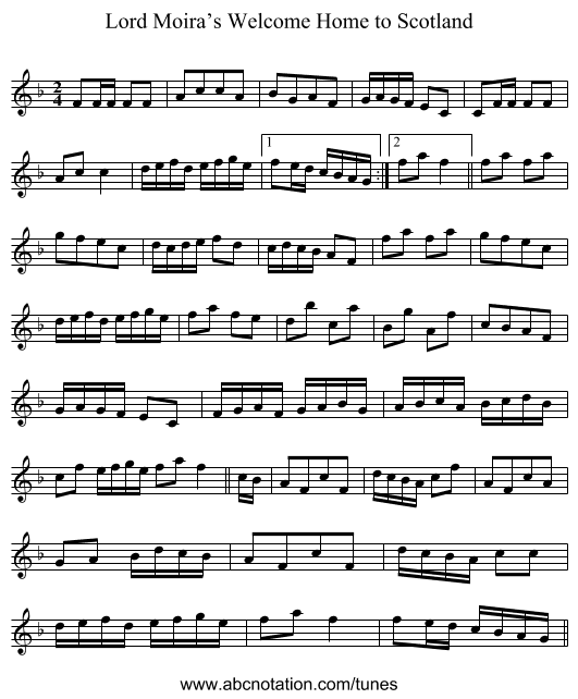 Lord Moira’s Welcome Home to Scotland - staff notation