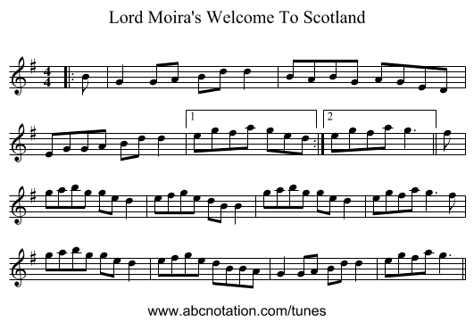 Lord Moira's Welcome To Scotland - staff notation