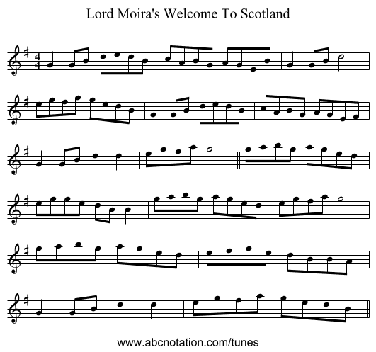 Lord Moira's Welcome To Scotland - staff notation