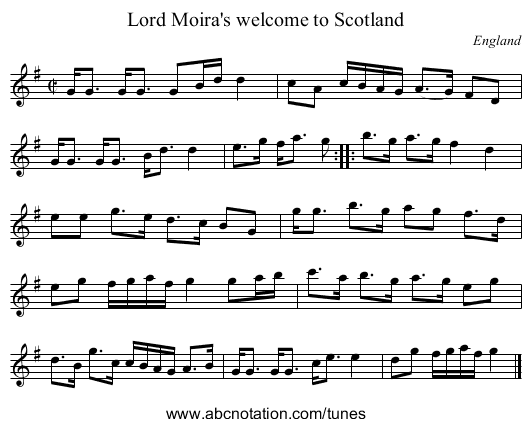 Lord Moira's welcome to Scotland - staff notation