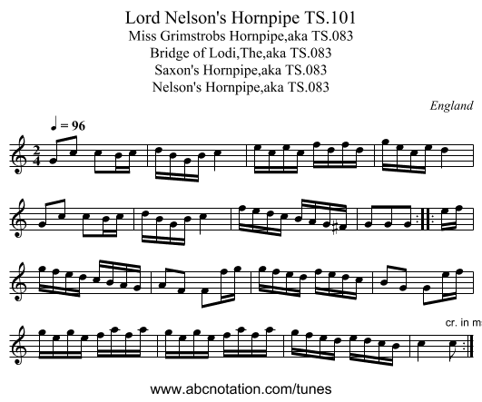 Lord Nelson's Hornpipe TS.101 - staff notation