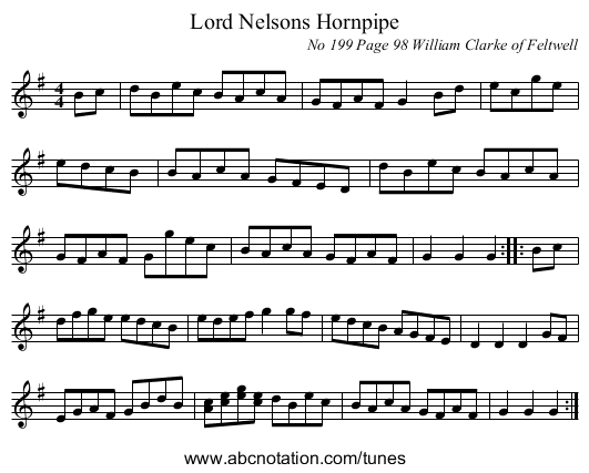 Lord Nelsons Hornpipe - staff notation
