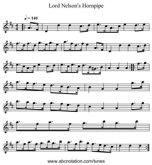 Lord Nelson's Hornpipe - staff notation