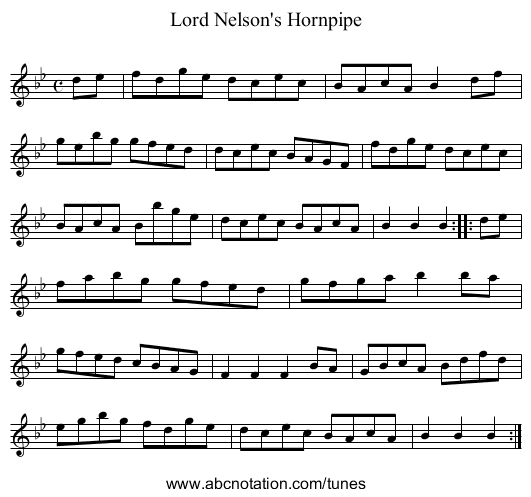 Lord Nelson's Hornpipe - staff notation