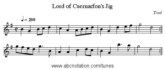 Lord of Caernarfon's Jig - staff notation