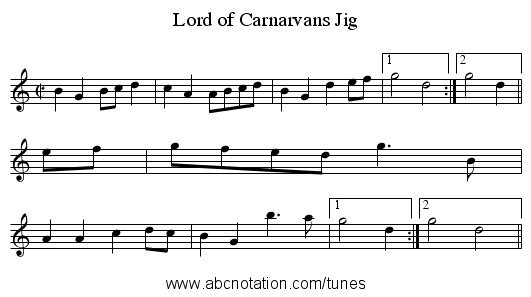 Lord of Carnarvans Jig - staff notation