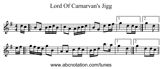 Lord Of Carnarvan's Jigg - staff notation