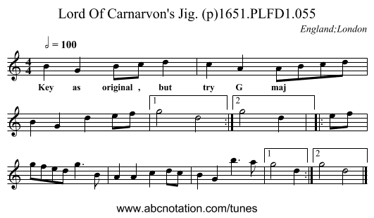 Lord Of Carnarvon's Jig. (p)1651.PLFD1.055 - staff notation