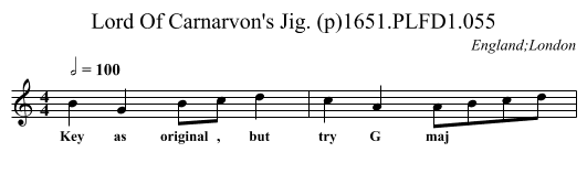 Lord Of Carnarvon's Jig. (p)1651.PLFD1.055 - staff notation