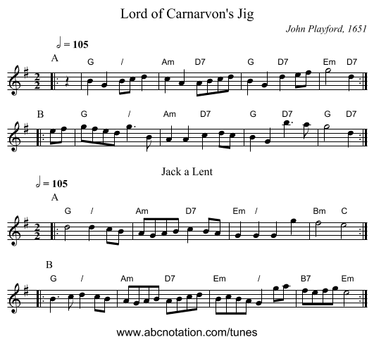 Lord of Carnarvon's Jig - staff notation
