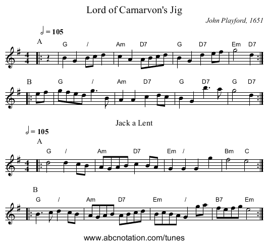 Lord of Carnarvon's Jig - staff notation