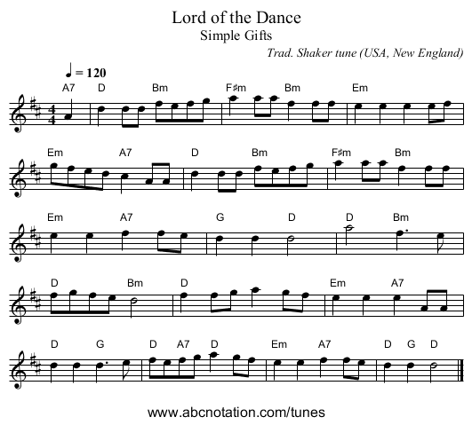 Lord of the Dance - staff notation