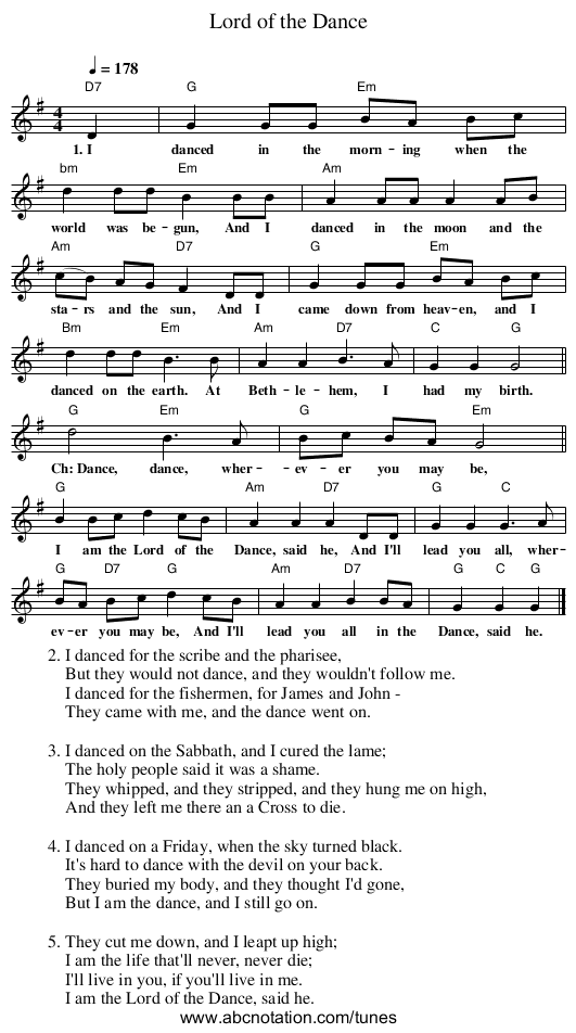 Lord of the Dance - staff notation