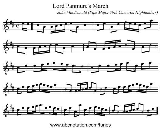 Lord Panmure's March - staff notation