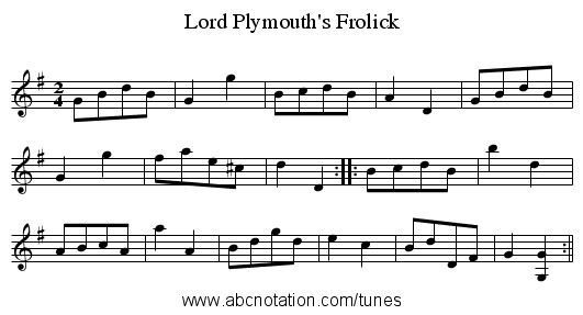 Lord Plymouth's Frolick - staff notation