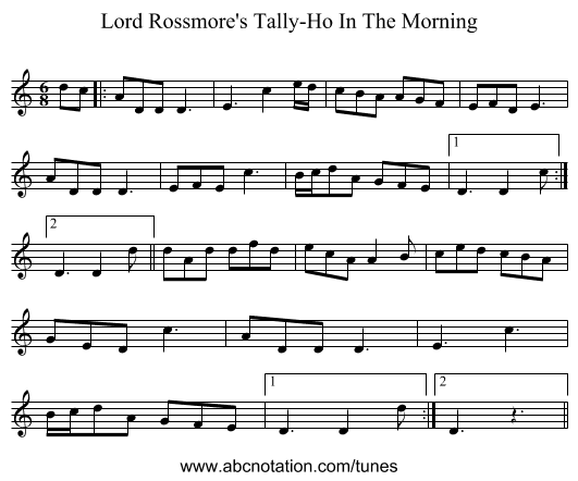Lord Rossmore's Tally-Ho In The Morning - staff notation