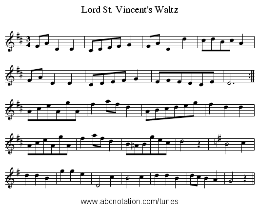 Lord St. Vincent's Waltz - staff notation