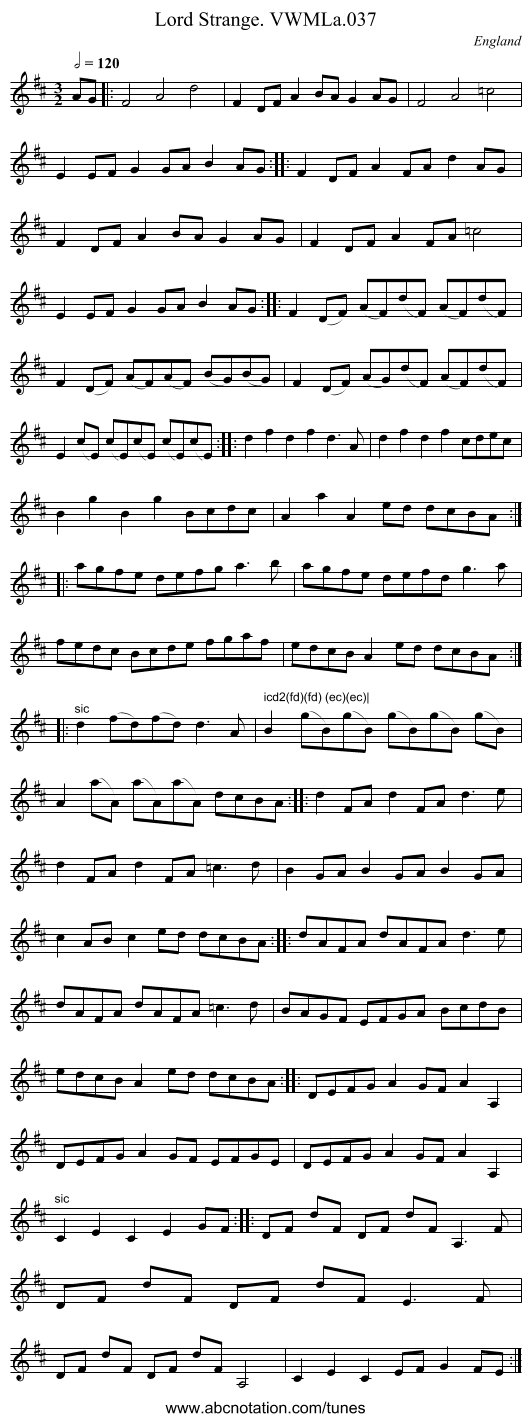 Lord Strange. VWMLa.037 - staff notation