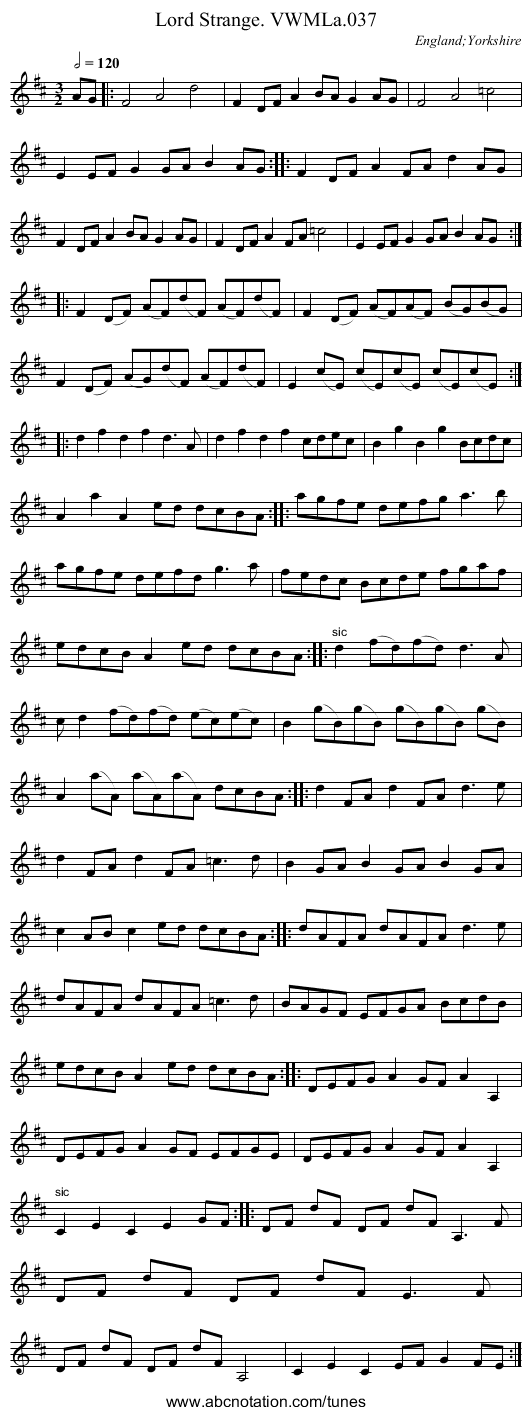 Lord Strange. VWMLa.037 - staff notation