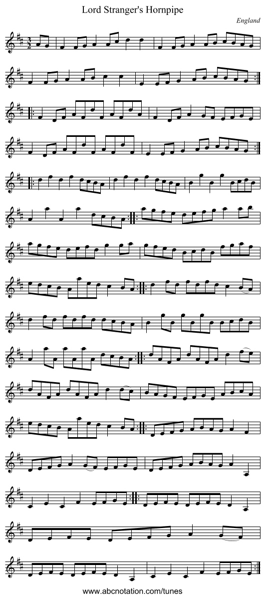 Lord Stranger's Hornpipe - staff notation