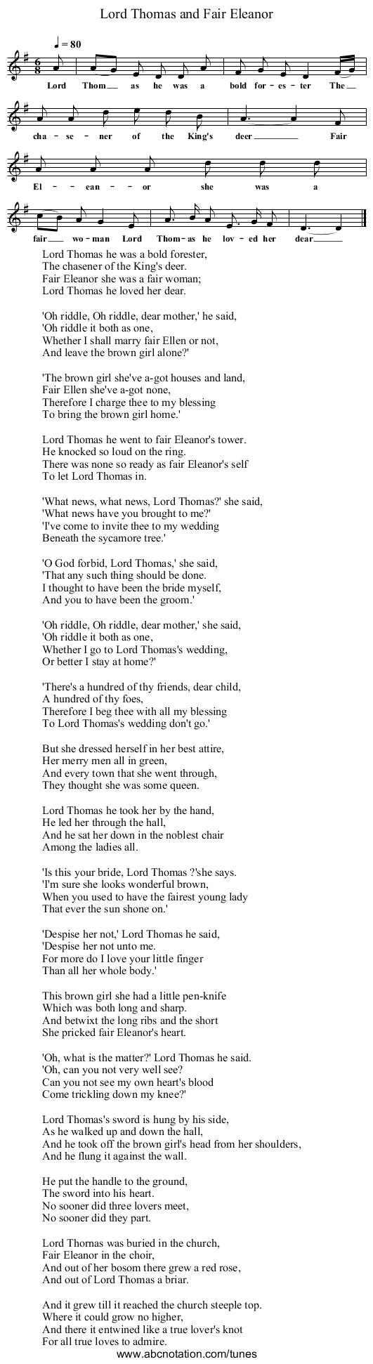 Lord Thomas and Fair Eleanor - staff notation