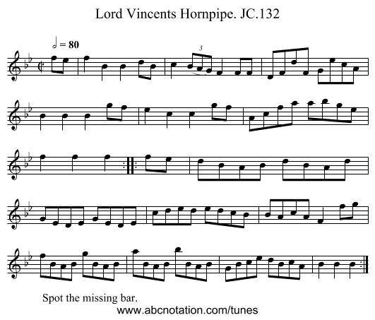 Lord Vincents Hornpipe. JC.132 - staff notation
